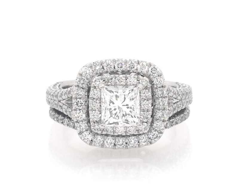 Main Image 1 of Previously Owned Princess-Cut Diamond Cushion-Shaped Double Halo Bridal Set 2-1/3 ct tw 14K White Gold Size 5
