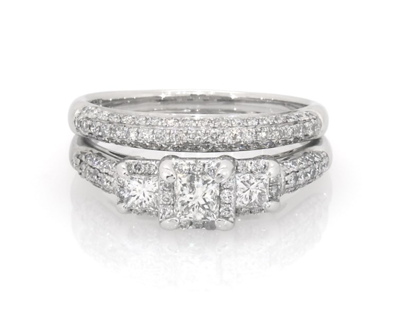 Main Image 1 of Previously Owned Princess-Cut Three-Stone Halo Bridal Set 1-1/2 ct tw 14K White Gold Size 8.5