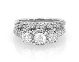 Previously Owned Round-Cut Diamond Three-Stone Halo Bridal Set 1-3/8 ct tw 14K White Gold Size 6