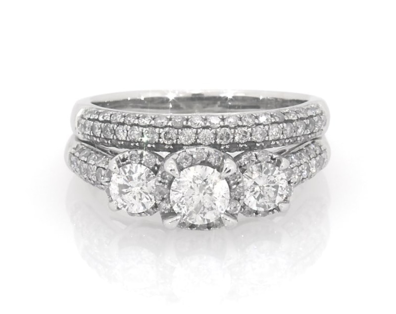 Main Image 1 of Previously Owned Round-Cut Diamond Three-Stone Halo Bridal Set 1-3/8 ct tw 14K White Gold Size 6