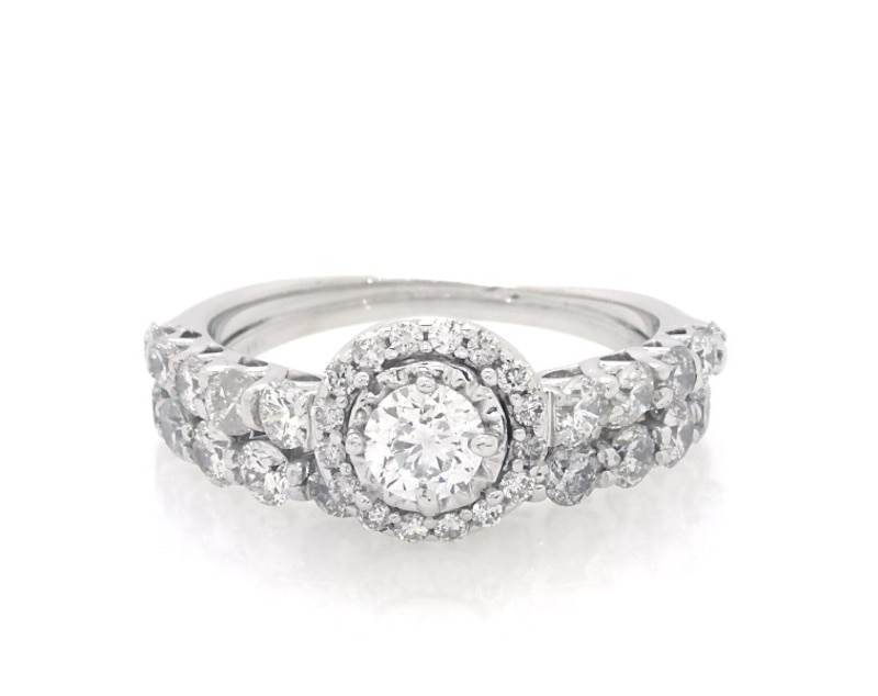 Main Image 1 of Previously Owned Round-Cut Diamond Halo Bridal Set 1-7/8 ct tw 14K White Gold Size 6.5
