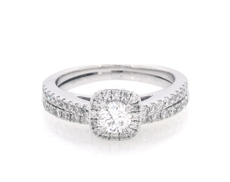 Main Image 1 of Previously Owned Round-Cut Diamond Cushion Halo Bridal Set 1 ct tw 14K White Gold Size 6.75