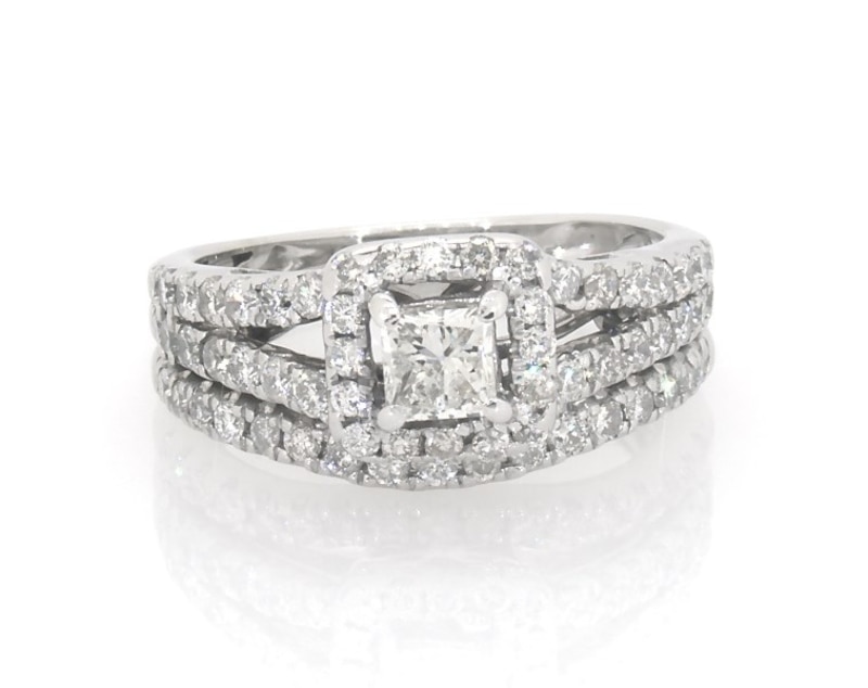 Main Image 1 of Previously Owned Princess-Cut Diamond Cushion Halo Bridal Set 1 ct tw 14K White Gold Size 4.5