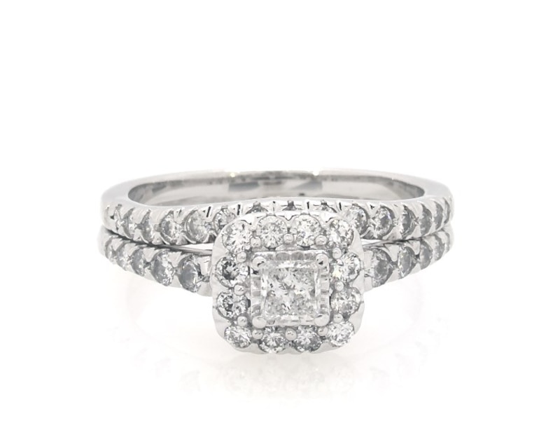 Main Image 1 of Previously Owned Princess-Cut Diamond Cushion Halo Bridal Set 1 ct tw 14K White Gold Size 5.75