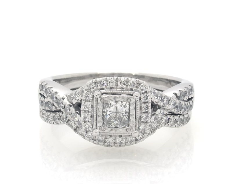 Main Image 1 of Previously Owned Princess-Cut Diamond Cushion Halo Bridal Set 1 ct tw 14K White Gold Size 5.5