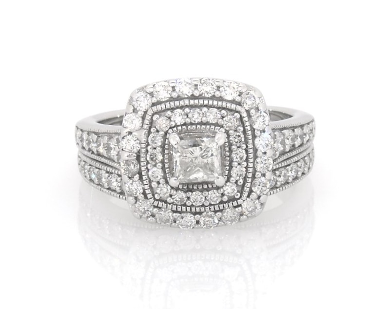 Main Image 1 of Previously Owned Princess-Cut Diamond Double Halo Bridal Set 1-1/3 ct tw 14K White Gold Size 7.25