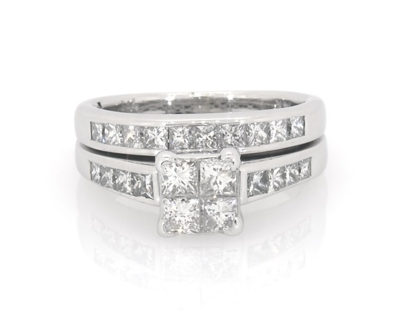 Main Image 1 of Previously Owned Princess-Cut Quad Diamond Bridal Set 1-1/4 ct tw 14K White Gold Size 8