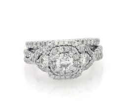 Previously Owned Round-Cut Diamond Double Halo Bridal Set 1-1/5 ct tw 14K White Gold Size 4.5