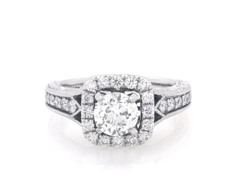 Main Image 1 of Previously Owned Round-Cut Diamond Cushion Halo Engagement Ring 1-1/4 ct tw 14K White Gold Size 5.5