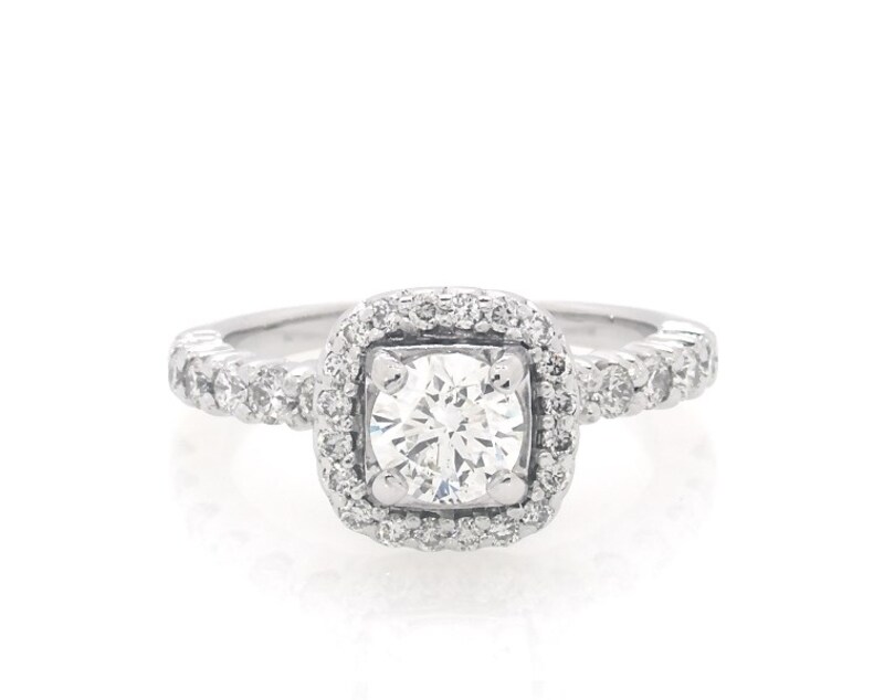 Main Image 1 of Previously Owned Round-Cut Diamond Cushion Halo Engagement Ring 1-1/6 ct tw 14K White Gold Size 5