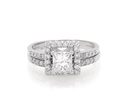 Previously Owned Princess-Cut Diamond Square Halo Bridal Set 1-1/4 ct tw 14K White Gold Size 7.5