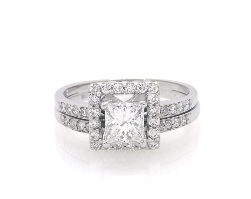 Main Image 1 of Previously Owned Princess-Cut Diamond Square Halo Bridal Set 1-1/4 ct tw 14K White Gold Size 7.5