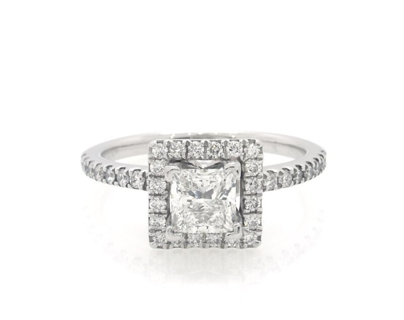 Main Image 1 of Previously Owned Princess-Cut Diamond Square Halo Engagement Ring 1-1/6 ct tw 14K White Gold Size 5.75