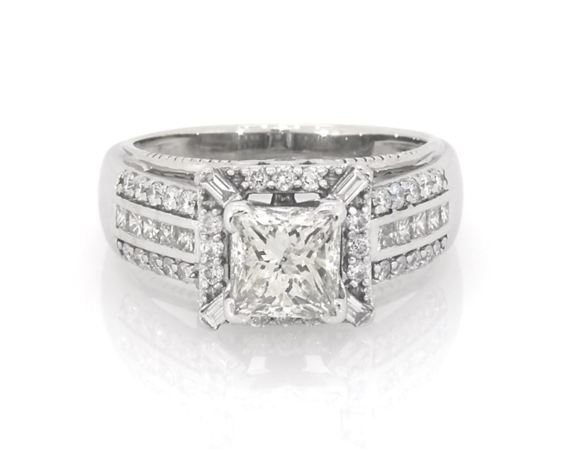 Main Image 1 of Previously Owned Princess-Cut Diamond Halo Engagement Ring 2 ct tw 14K White Gold Size 6.75