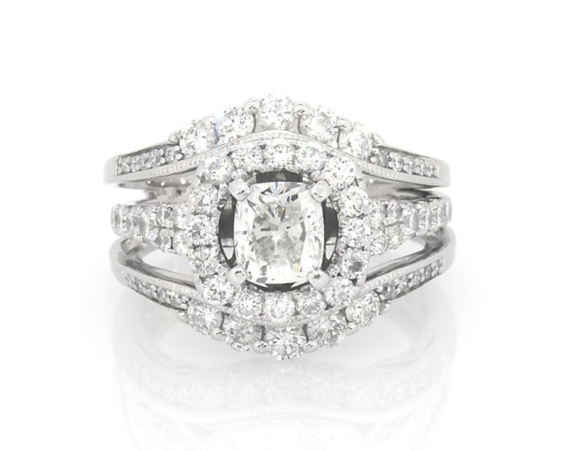 Main Image 1 of Previously Owned Cushion-Cut Diamond Halo Bridal Set 2-1/5 ct tw 14K White Gold Size 6.75
