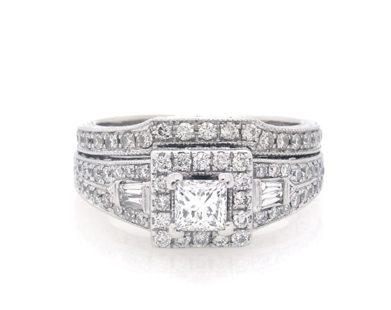 Main Image 1 of Previously Owned Neil Lane Princess-Cut Diamond Square Halo Engagement Ring 1-1/3 ct tw 14K White Gold Size 7