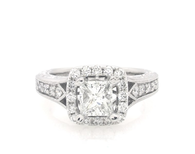 Main Image 1 of Previously Owned Princess-Cut Diamond Milgrain Engagement Ring 1-3/8 ct tw 14K White Gold Size 4.75