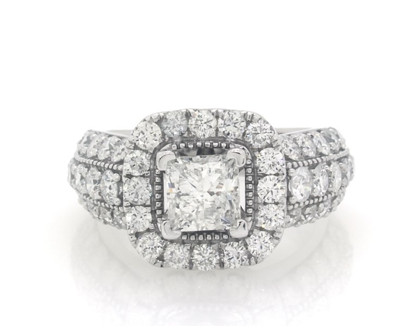 Main Image 1 of Previously Owned Princess-Cut Diamond Cushion Halo Engagement Ring 3-1/8 ct tw 14K White Gold Size 6