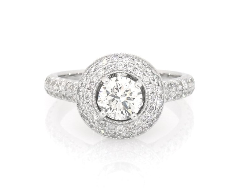 Main Image 1 of Previously Owned Neil Lane Round-Cut Diamond Halo Engagement Ring 1-5/8 ct tw 14K White Gold Size 5.25