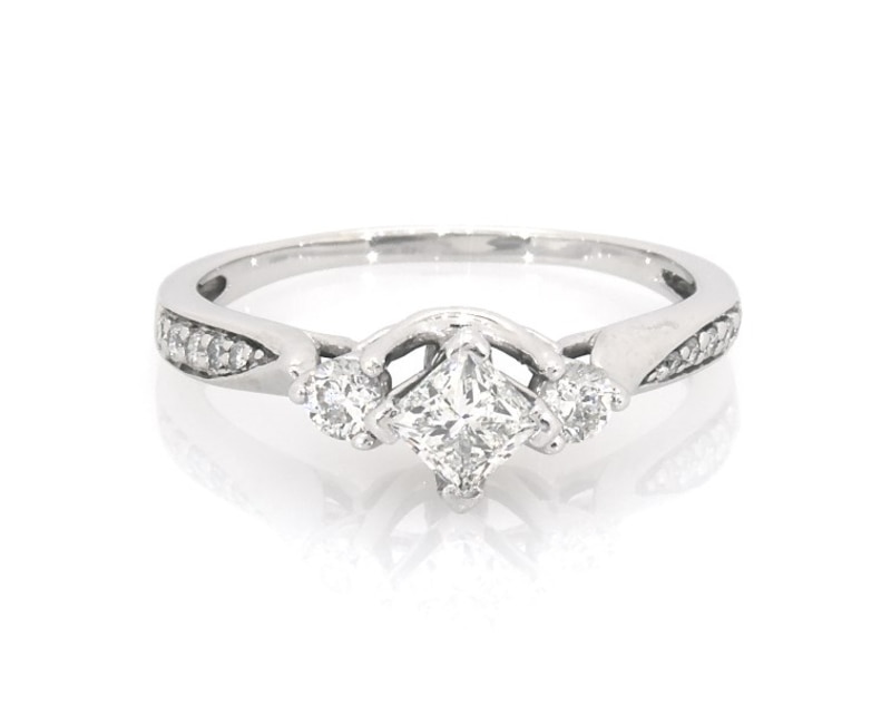 Main Image 1 of Previously Owned Princess & Round-Cut Diamond Three-Stone Engagement Ring 5/8 ct tw 14K White Gold Size 8