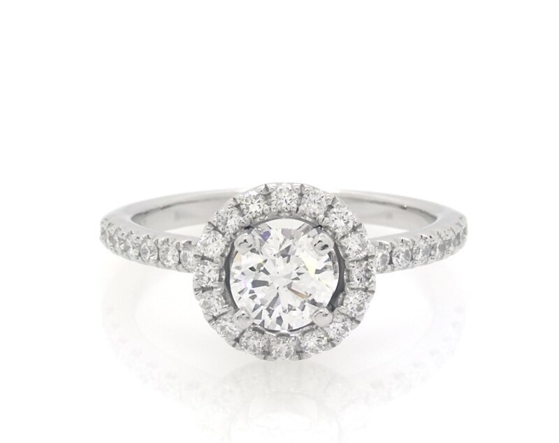 Main Image 1 of Previously Owned Round-Cut Diamond Halo Engagement Ring 1-1/8 ct tw 14K White Gold Size 7.25
