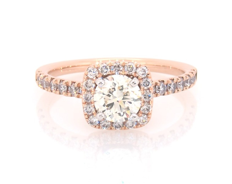 Main Image 1 of Previously Owned Round-Cut Diamond Cushion Halo Engagement Ring 1-1/4 ct tw 14K Rose Gold Size 7