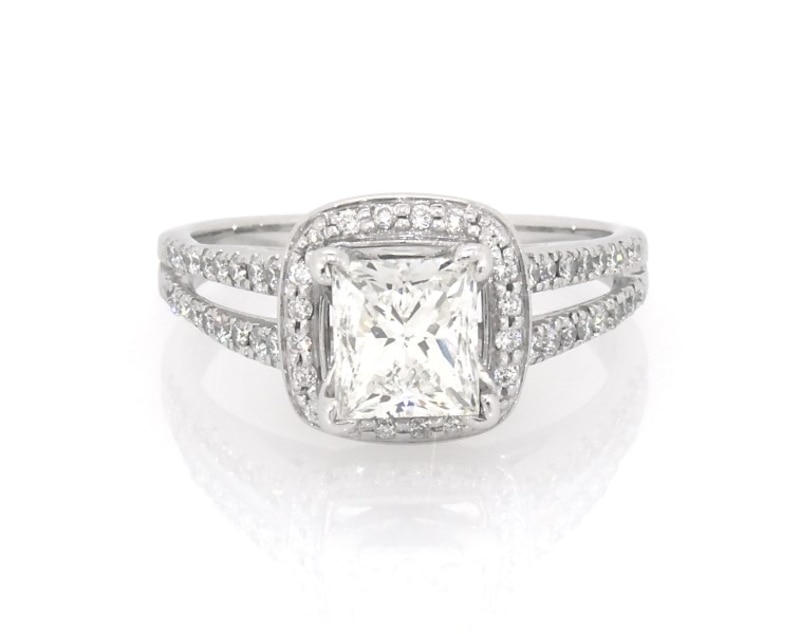 Main Image 1 of Previously Owned Princess-Cut Diamond Cushion Halo Engagement Ring 1-1/5 ct tw 14K White Gold Size 4