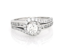 Previously Owned Round-Cut Diamond Swirl Halo Engagement Ring 1-1/4 ct tw 14K White Gold Size 8.25