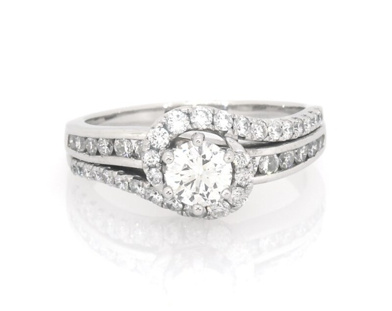 Main Image 1 of Previously Owned Round-Cut Diamond Swirl Halo Engagement Ring 1-1/4 ct tw 14K White Gold Size 8.25