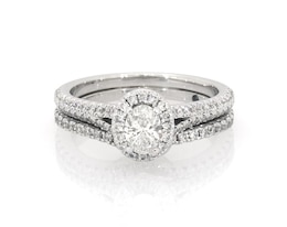 Previously Owned Oval-Cut Diamond Halo Bridal Set 3/4 ct tw 14K White Gold Size 4.75