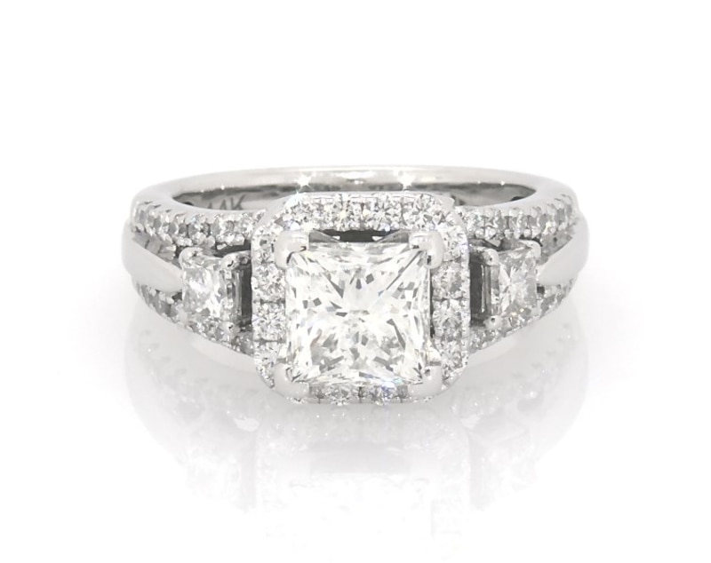 Main Image 1 of Previously Owned Princess-Cut Cushion Halo Engagement Ring 1-1/2 ct tw 14K White Gold Size 4