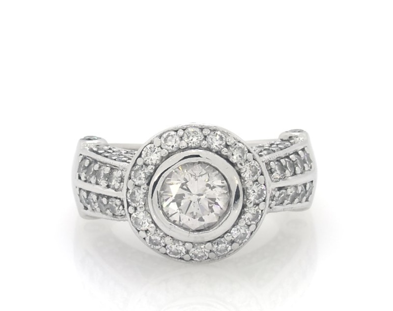 Main Image 1 of Previously Owned Round-Cut Diamond Halo Engagement Ring 1-7/8 ct tw 14K White Gold Size 5.25