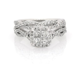 Previously Owned Princess-Cut Quad Diamond Twist Shank Bridal Set 1-1/5 ct tw 10K White Gold Size 6.75