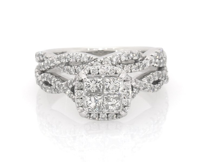 Main Image 1 of Previously Owned Princess-Cut Quad Diamond Twist Shank Bridal Set 1-1/5 ct tw 10K White Gold Size 6.75