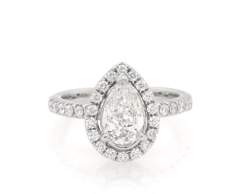 Main Image 1 of Previously Owned Pear-Shaped Diamond Halo Engagement Ring 1-5/8 ct tw 14K White Gold Size 6.5