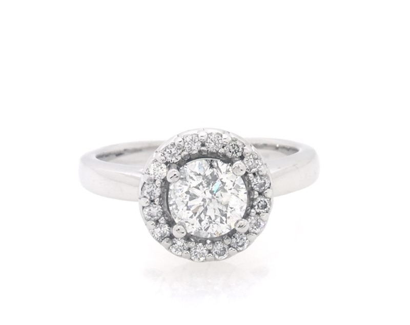 Main Image 1 of Previously Owned Round-Cut Diamond Halo Engagement Ring 7/8 ct tw 14K White Gold Size 3.75