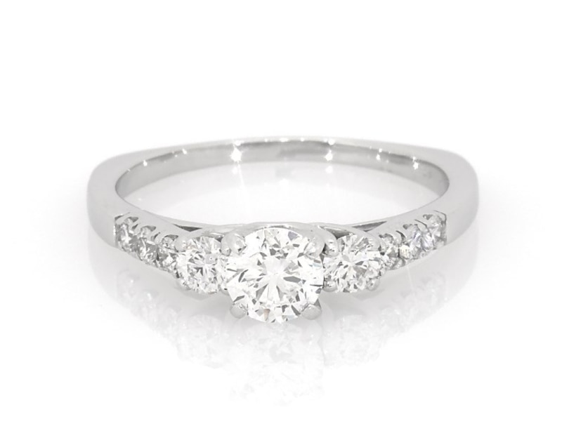 Main Image 1 of Previously Owned Round-Cut Diamond Three-Stone Engagement Ring 1-1/8 ct tw 18K White Gold Size 10.5