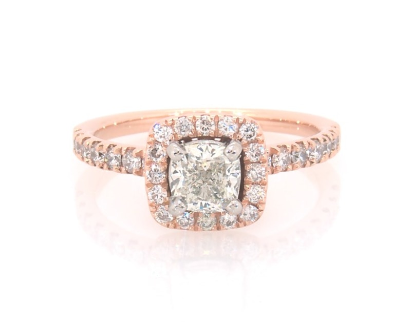 Main Image 1 of Previously Owned Cushion-Cut Diamond Halo Engagement Ring 1-1/8 ct tw 14K Rose Gold Size 6