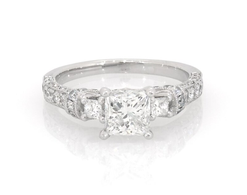 Main Image 1 of Previously Owned Princess-Cut Three-Stone Diamond Engagement Ring 1-1/2 ct tw 14K White Gold Size 5