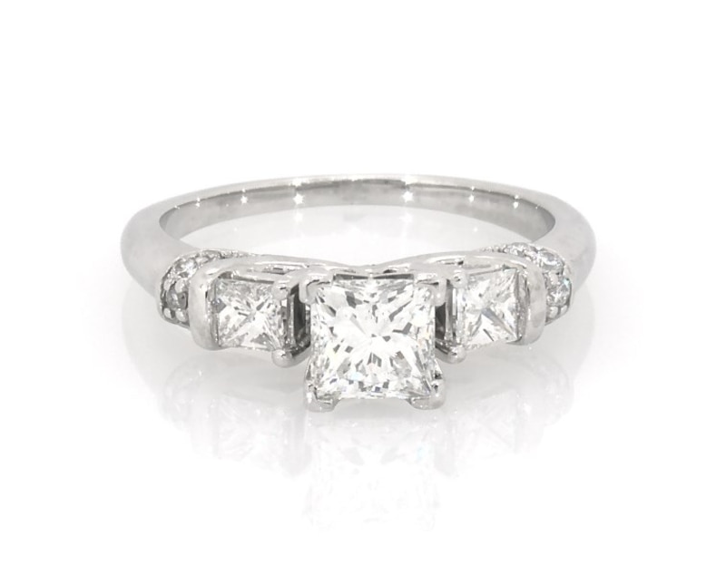 Main Image 1 of Previously Owned Princess-Cut Diamond Three-Stone Engagement Ring 7/8 ct tw Platinum Size 4.75