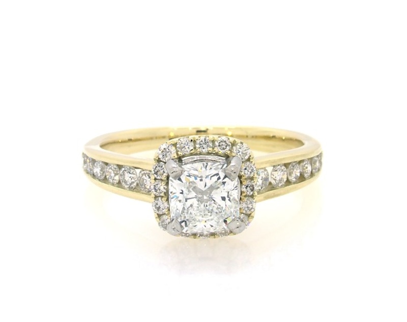 Main Image 1 of Previously Owned Cushion-Cut Diamond Halo Engagement Ring 1-3/8 ct tw 14K Yellow Gold Size 6.25