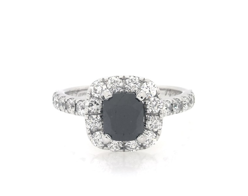 Main Image 1 of Previously Owned Neil Lane Cushion-Cut Black Diamond & White Diamond Halo Engagement Ring 2-5/8 ct tw 14K White Gold Size 6.75