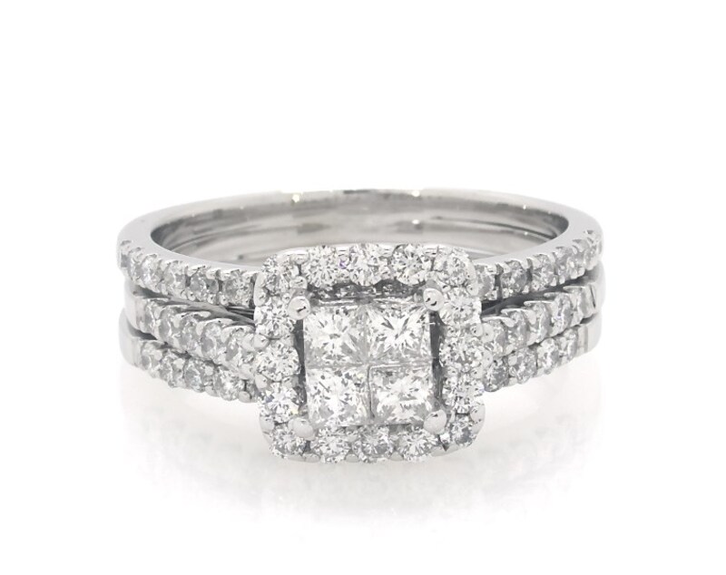 Main Image 1 of Previously Owned Princess-Cut Quad Diamond Halo Bridal Set 1-1/2 ct tw 14K White Gold Size 8