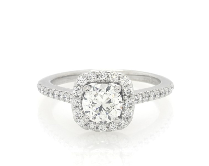 Main Image 1 of Previously Owned Round-Cut Diamond Cushion Halo Engagement Ring 1 ct tw 14K White Gold Size 6.75
