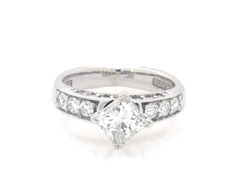 Main Image 1 of Previously Owned Tilted Princess-Cut Diamond Engagement Ring 1-3/8 ct tw 18K White Gold Size 5