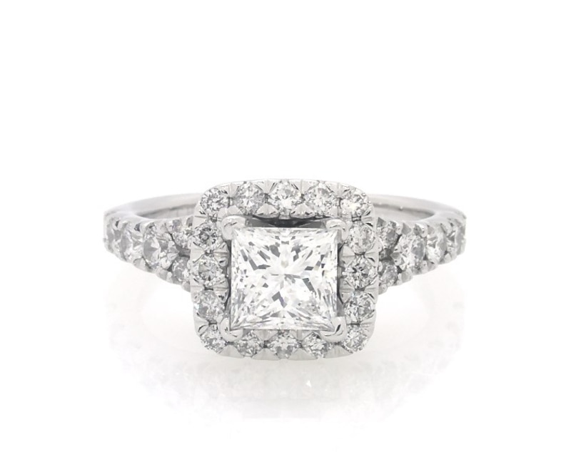 Main Image 1 of Previously Owned Princess-Cut Diamond Halo Engagement Ring 1-3/4 ct tw 14K White Gold Size 5.75