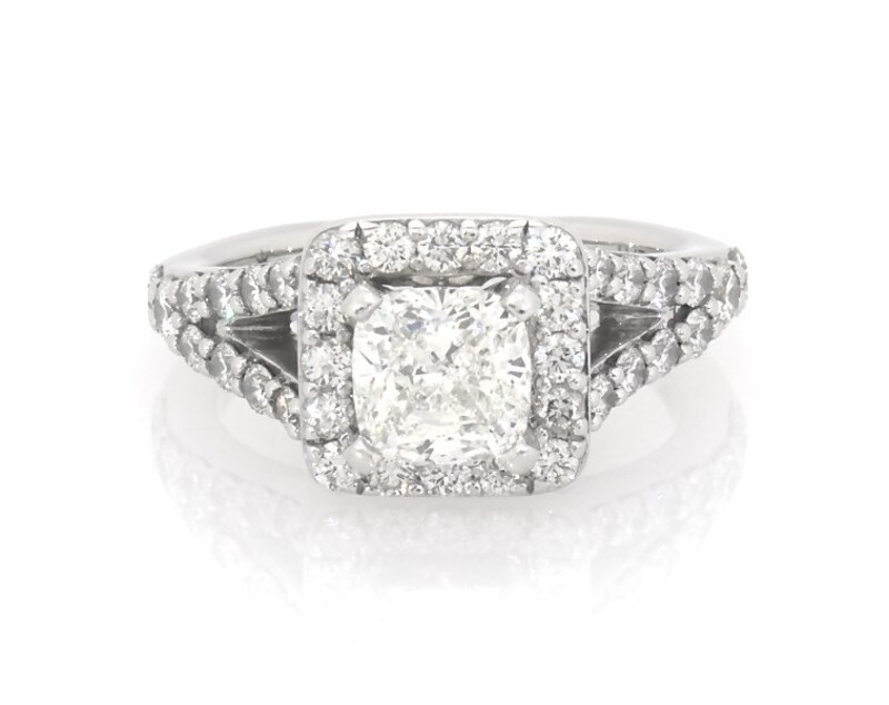Main Image 1 of Previously Owned Cushion-Cut Diamond Halo Engagement Ring 2 ct tw 18K White Gold Size 5.25