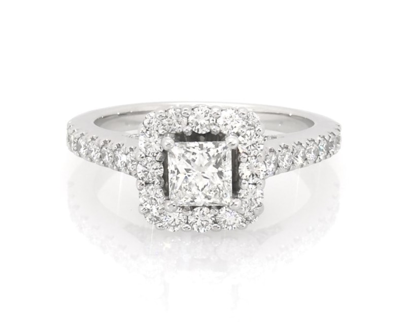 Main Image 1 of Previously Owned Princess-Cut Diamond Halo Engagement Ring 1-1/8 ct tw 14K White Gold Size 5.5