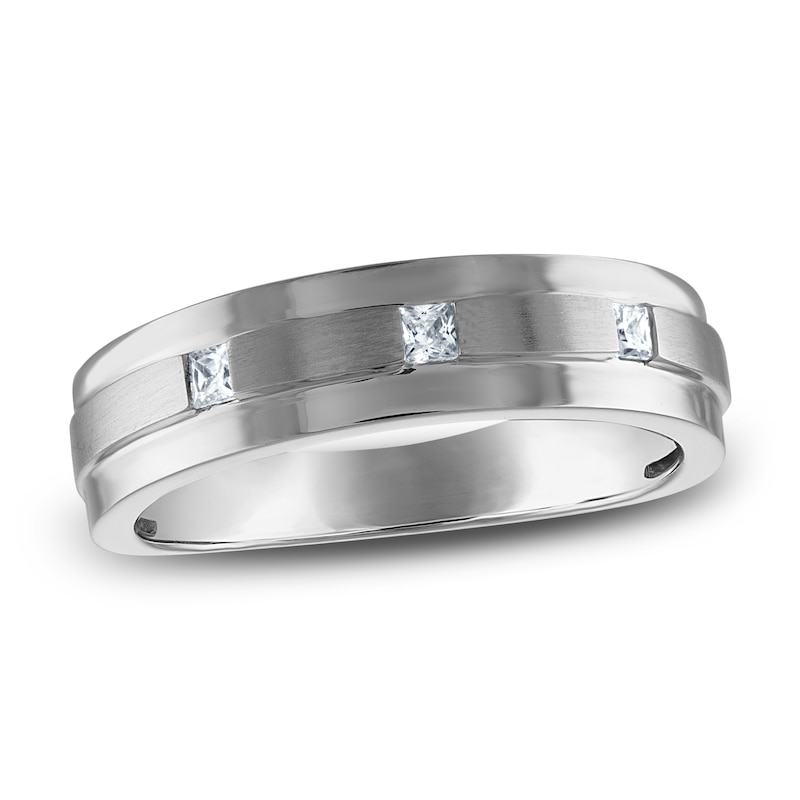 Main Image 1 of Previously Owned Men's Certified Square-Cut Diamond Wedding Band 1/8 ct tw 14K White Gold