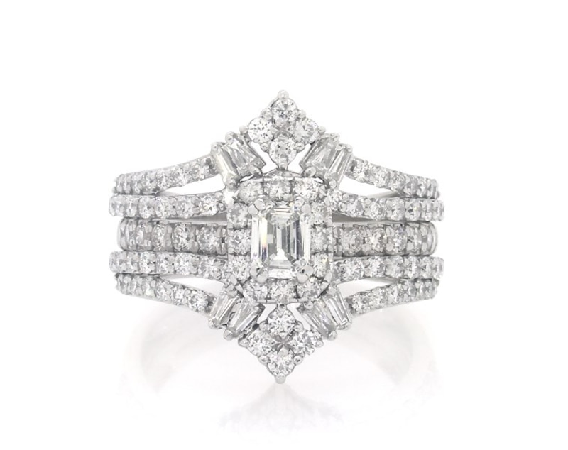 Main Image 1 of Previously Owned Emerald-Cut Diamond Halo Bridal Set 1-3/4 ct tw 14K White Gold Size 6.5